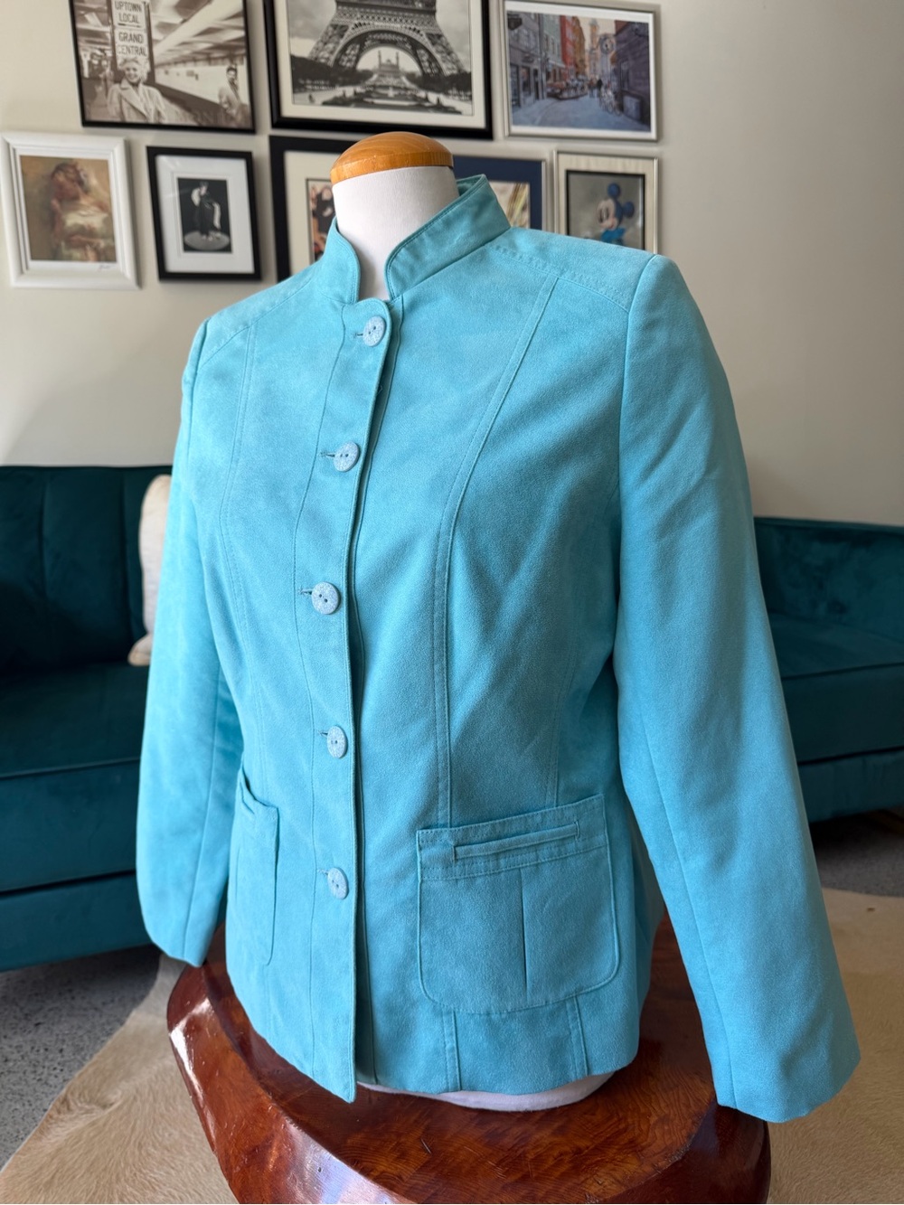 TanJay Turquoise Stand-Collar Button Blazer